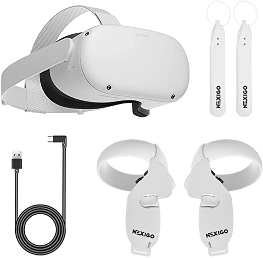 Oculus 2020 Newest Quest 2 VR Headset 256GB Holiday Bundle, Advanced All-in-One Virtual Reality Gaming Headset, NexiGo Controller Grip Cover White   Knuckle Strap White   10FT Link Cable Bundle