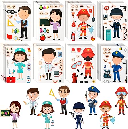 48 Pieces Make a Face Stickers Make Your Own Face Stickers for Kids Jobs Stickers for Kids Party Favors, Rewards, Art Craft with 8 Designs Boys Girls Gift (Occupation Post)