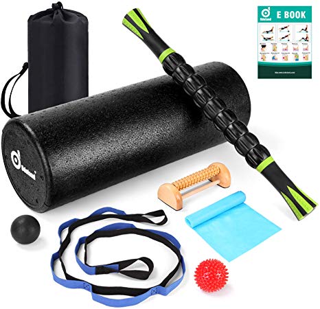 Odoland 8-In-1 Large size Foam Roller Kit with Muscle Roller Stick, Massage Balls, Stretching Strap, Resistance Band and Wood Massage Roller, High Density 18’’ Foam Roller for Muscle Therapy and Balan