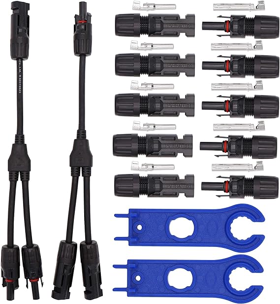Ruikarhop MC4 Connectors Y Branch 1 to 2 Parallel Adapter Cable Wire Plug,MC4 Assembly Tool and 5 Pair MC4 Male/Female Solar Panel Cable Connectors