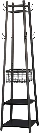 VECELO Industrial Coat Rack,Enterway Clothes Stand with 2 Tier Storage Shelves and Metal Basket,Upgrade Hall Trees with 8 Dual Hooks,Black