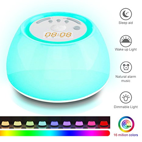 Timer & Dimmable Wake Up Light Alarm Clock, KingSo Sleep Aid Bedside Lamp With Snooze Function, Rechargeable Night Light 3 Levels Brightness, 16 Million Colors for Bedroom, Living Room, Baby