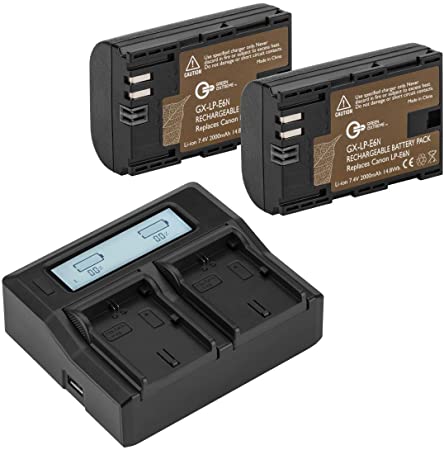 LP-E6N Battery, 2 Pack and Dual Smart Battery Charger for Canon XC15, EOS 60D, EOS 70D, EOS 80D, 90D, EOS 5D II, EOS 5D III, EOS 5D IV, EOS 6D, EOS 6D Mark II, EOS 7D,EOS 7D Mark II, EOS R, EOS RP