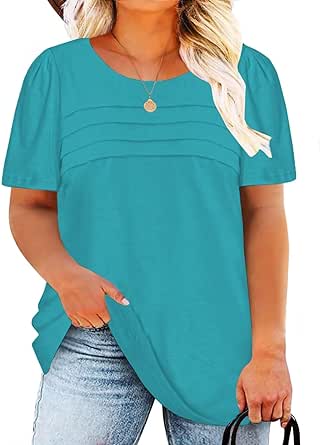 DOLNINE Plus Size Tops for Women Summer Puff Short Sleeve Shirts Casual Pleated Crewneck Tees