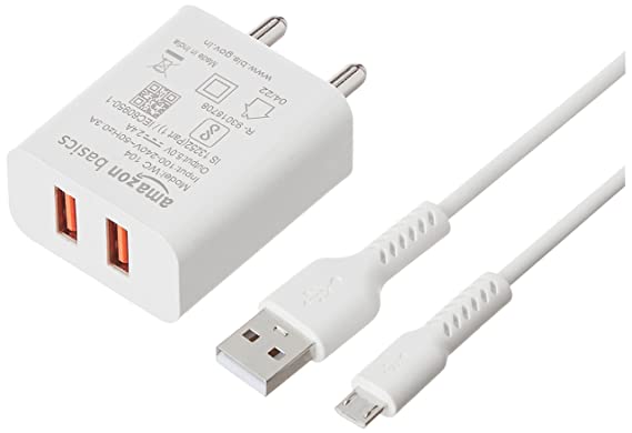 Amazon Basics 2.4 A Dual USB Wall Charger & Micro USB Cable (White)