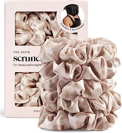 Kitsch Satin Scrunchies, Softer than Silk, Hair Scrunchies for Frizz Prevention - 5 Pack (Leopard)
