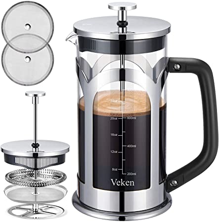 Veken French Press Coffee & Tea Maker, 304 Stainless Steel Heat Resistant Borosilicate Glass Coffee Press with 4 Filter Screens, Durable Easy Clean 100% BPA Free, 34oz, Silver