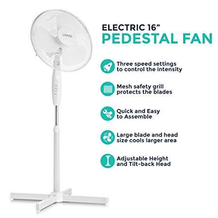 LIVIVO Electric 16” Pedestal Fan – Powerful Free Standing Oscillating and Tilting 45W Height Adjustable Rotating Stand Tower Fan Mesh Safety Grill (White)