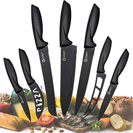 Kitchen Knife Set | Chef Knife Set - 7 Pieces Black Stainless Steel Knife Set - kitchen knives, Dicing, Slicing, Carving, Meat Knife, Fruits and Vegetables Knife