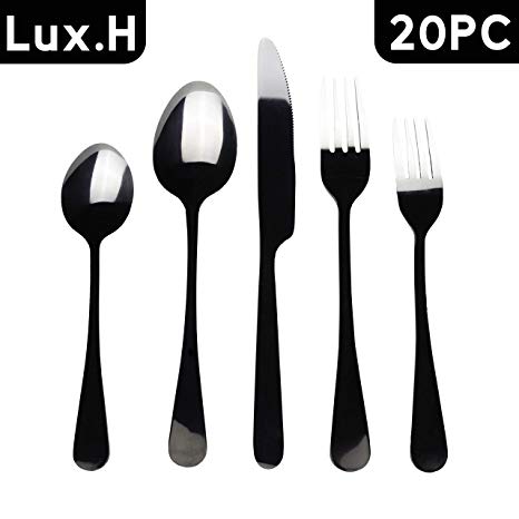 Lux.H 20-piece Flatware Cutlery set, Silverware Service for 4 - including Stainless Steel Knife, Fork and Spoon - Dishwasher Safe (Polished Black)