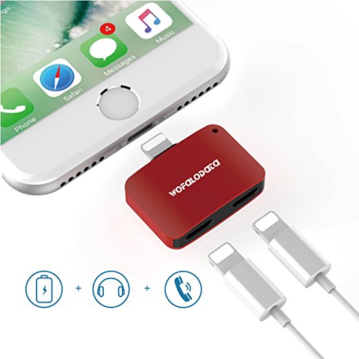 Dual Lightning Adapter for iPhone 7/7 Plus with Mic, 2 in 1 Mini Lightning Adapter AUX Splitter Audio   Charge Sync Data Compatible for iOS 10.3 – Red