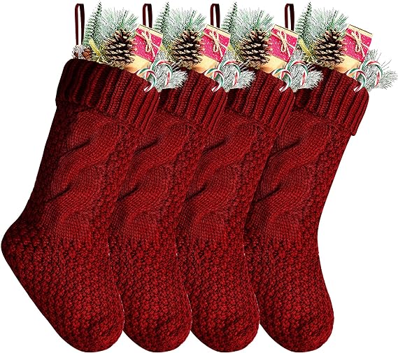 Kunyida Pack 4,14" Unique Burgundy Knit Christmas Stockings
