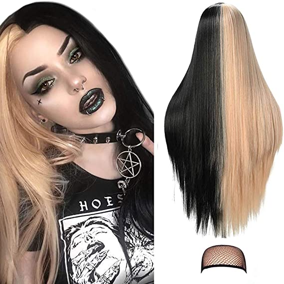 22 inch Long Straight Half Wig for Black Women Half Blonde and Half Black Wig Fashion Synthetic Fiber Middle Parted Wig Heat Resistant Silky Smooth Wig Party Halloween Cosplay Daily Costume