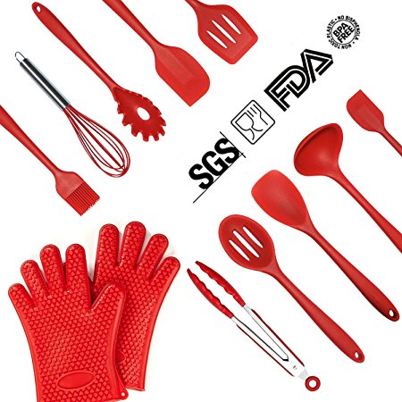 LURICO Silicone Kitchen Cooking Utensils Set (12 Piece), Heat Resistant Kitchen Tools - BBQ Gloves, Scraper, Spoon, Food Tongs, Pasta Fork, Slotted Spoon, Spoonula, Slotted Turner, Whisk, Brush