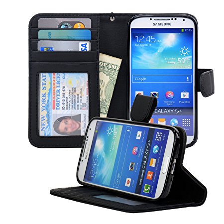 Navor Samsung Galaxy S4 Folio Wallet Leather Case for Cards & Money Pockets, ID Window (Black)