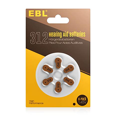EBL Size 312 Hearing Aid Batteries 60-Counts MERCURY-FREE PR41 Zinc-Air, 312 Batteries Brown Tab