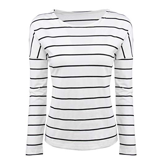XXSS Women's New Design Casual Loose Stripe Round Neck Long Sleeve T-Shirt