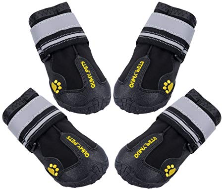 QUMY Dog Boots Waterproof Shoes for Large Dogs with Reflective Velcro Rugged Anti-Slip Sole Black 4PCS