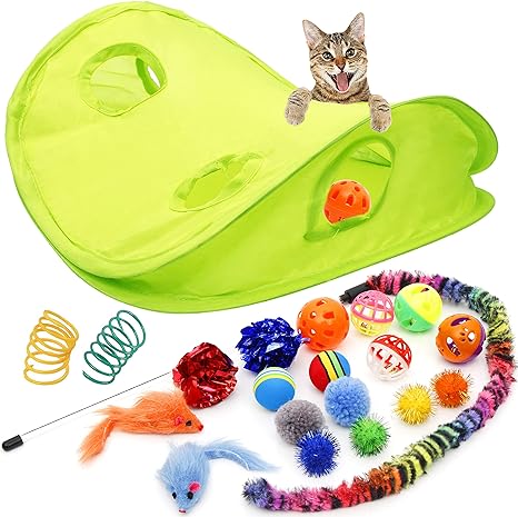 Youngever 18 Cat Toys Kitten Toys Assortments, Cat Teaser Wand, Interactive Bell Toy, Sparkle Balls for Cat, Puppy, Kitty, Kitten (with Hide Seek Toy)