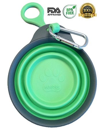 Collapsible Silicone Bowl  Water Travel Dish for Dogs or Cats Plus Patent-pending Bottle Holder and Clip for On-the-Go use - 12oz - Green - Eco-Friendly - BPA Free - FDA Approved - By nudogs