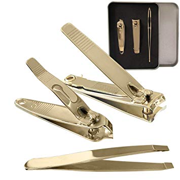Nail Clippers Set, AISONG Fingernail and Toenail Clipper Cutter with Nail File and Slanted Tweezers,Gold Stainless Steel Sharp Sturdy trimmer set for Men and Women (Set Of 3)
