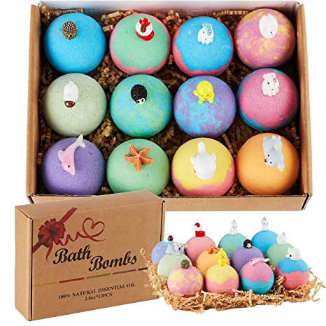 DOZZZ Kids Bath Bombs with Surprise Toys Inside and Organic Essential Oil Fizzies Spa Bubble for Girls Boys Women Birthday Valentines Day 12 Pack