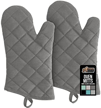 Gorilla Grip Premium Quilted Cotton Oven Mitts, 13 Inch Pair, Soft Comfortable Fleece Interior, Heat Resistant, Protect Hands from Hot Kitchen Surfaces, Long Cooking Mitts for Baking Sheets, Gray