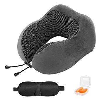 mixigoo Travel Memory Foam Neck Pillow - Comfortable & Breathable Cover, Machine Washable, Airplane Travel Kit with 3D Contoured Eye Masks, Earplugs, and Luxury Bag