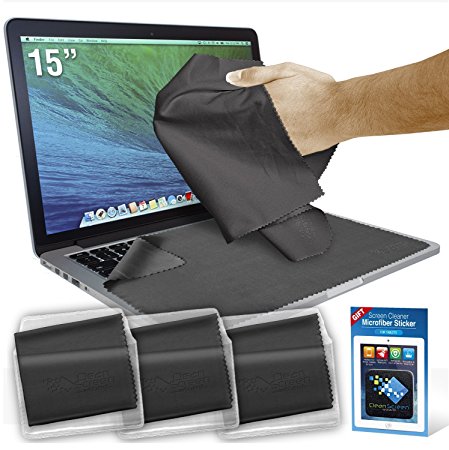 Clean Screen Wizard Microfiber Screen Cleaner and Protector Kit Bundle with 3 Large Cloths / Keyboard Covers in Protective Pouches and Cleaning Sticker for Laptops - 15" Screen
