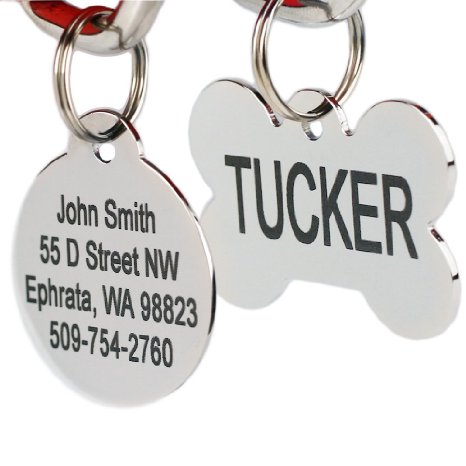 Stainless Steel Pet Id Tags: Bone, Round, Heart, Flower, Shield, House, Star, Rectangle, and Bow Tie. Includes up to 8 Lines of Customized Text - Front and Back Engraving.