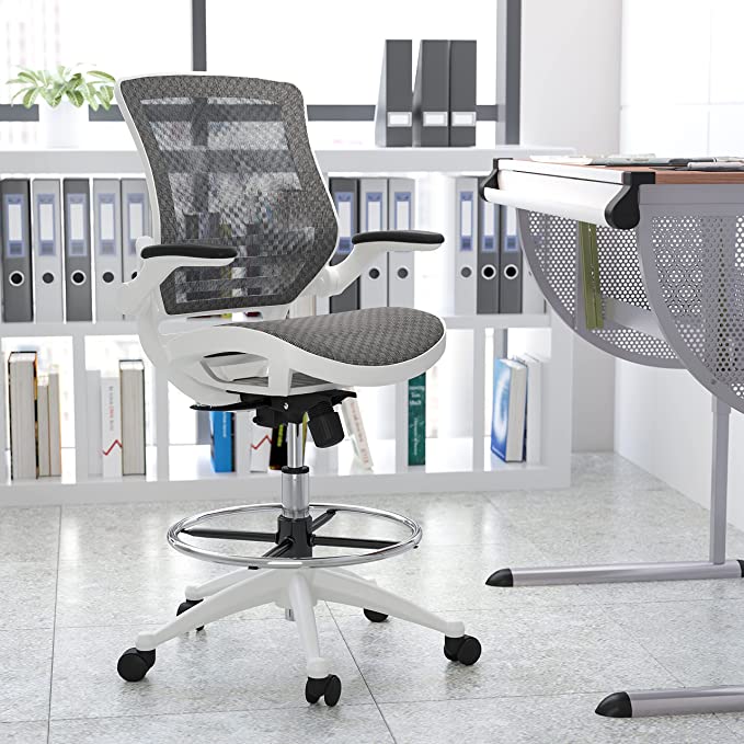 Flash Furniture Mid-Back Transparent Gray Mesh Drafting Chair with White Frame and Flip-Up Arms