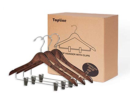 Topline Classic Wood Shirt Hangers with Clips - Mahogany Finish (10-Pack)