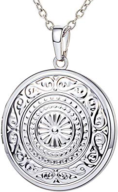 U7 Locket Necklace That Holds Picture Oval/Round Shaped Flower Pattern Photo Lockets Pendant for Women Girls, Chain 22 Inch
