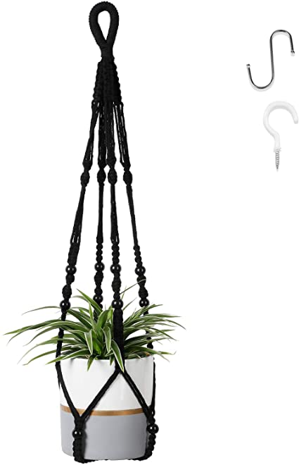 POTEY 610106 Macrame Plant Hanger - Hanging Planter Indoor with Beads and 2 PCS Hooks Hanging Plant Holder No Tassel for Indoor Outdoor Home Decor 1 Pack 35 inch,Black