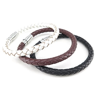 Konov Jewelry Leather Mens Womens Bracelet, 3pcs 6mm Braided Bangle, Magnetic Clasp, Black Brown White, with Gift Bag, C25273