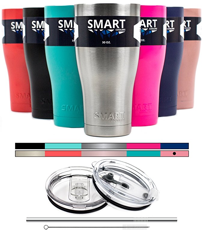 Tumbler 30 oz Color - Smart Coolers - Double Wall Stainless Steel Travel Tumbler Cup - Premium Insulated Mug - Leak-Proof & Sliding Lid - Straw and Brush   Gift Box - Pink