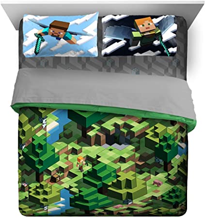Jay Franco Minecraft Daytime 7 Piece Queen Bed Set - Includes Comforter & Sheet Set - Bedding Features Alex and Steve - Super Soft Fade Resistant Microfiber - (Official Minecraft Product)