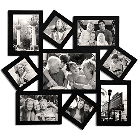 Adeco [PF0009] Decorative Black Wood Wall Hanging Collage Picture Photo Frame, Cluster, 9 Openings, Various Sizes - 3x3, 3.5x5, 5x3.5, 5x7 inches