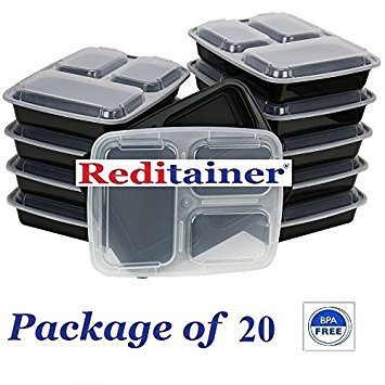 Reditainer - 3 Compartment Microwave Safe Food Container with Lid/Divided Plate/Lunch Tray with Cover, 20 Pack