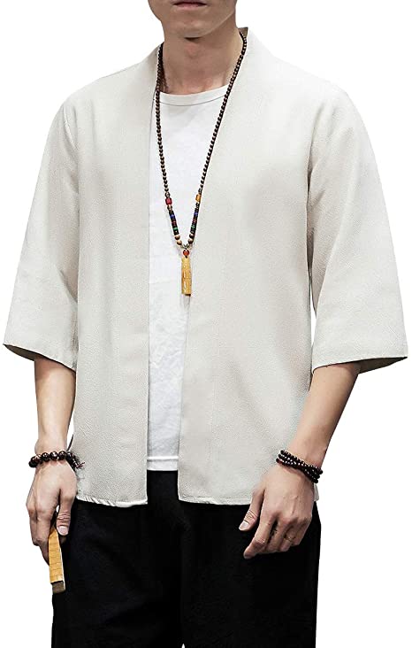 PRIJOUHE Men's Kimono Jackets Cardigan Lightweight Casual Cotton Blends Linen Seven Sleeves Open Front Coat Outwear