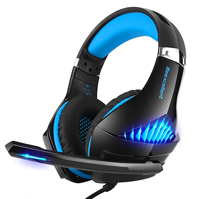 Gaming Headset for Xbox One, PS4, Nintendo Switch, PC, Selieve Noise Cancelling Over Ear Headphones with Mic, LED Light Bass Surround Soft Memory Earmuffs for Fortnite/PUBG/God of War (Black & Blue)