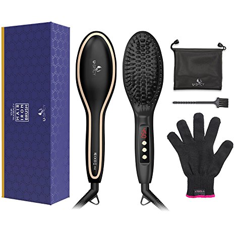 Hair Straightening Brush, USpicy Hair Straightener Brush MCH Heating Technology with FREE Heat Resistant Glove for Silky Frizz-free 320-450℉/160-230℃ Adjustable Temperature, Auto Lock, Anti-Scald