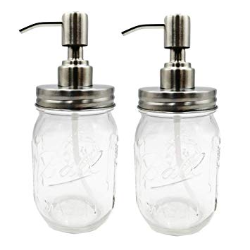 2 Pack Mason Jar Soap Dispenser Bathroom Accessories ,304 Stainless Steel Lotion Dispenser,16 Ounce Clear Glass Mason Jar, for Bathroom or Kitchen, Perfect for Liquid Soap, Essential Oils and Lotions