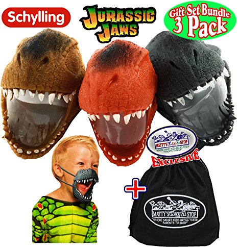 Schylling Jurassic Jaws Wearable Stretchy Dino Jaws Complete Gift Set Party Bundle with Exclusive Matty's Toy Stop Storage Bag - 3 Pack