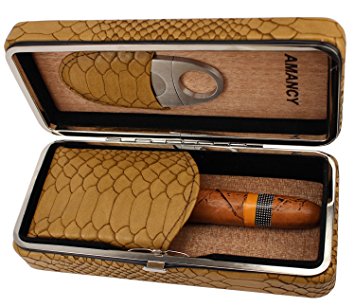 AMANCY Snake Pattern Leather Cedar Wood Lined 3 Cigar Travel Case Humidor with Cutter