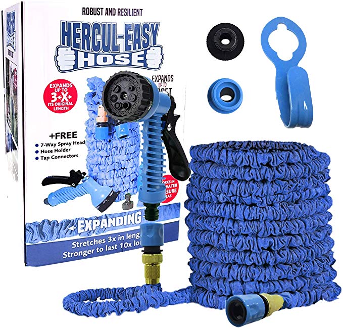 Hercul-Easy Lightweight Expanding Garden Hose | Burst Proof and Tangle Free | 7 Way Spray Gun, Hose Holder and Tap Connectors | Easylife Lifestyle Solutions | Expands to 25ft in Blue