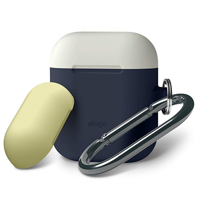 elago AirPods Duo Hang Case [Body:Jean Indigo/TOP:Classic White, Creamy Yellow] - [Extra Protection] [Hassle Free][Added Carabiner] - for AirPods Case