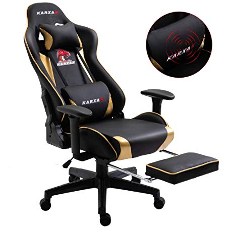 KARXAS Ergonomic Gaming Chair High-Back Racing Style Gamer Chair PU Leather Height Adjustable Computer Desk Chair with Massage Lumbar Recliner Footrest and Headrest(Golden)