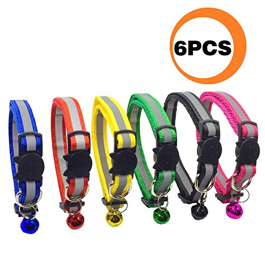 FUNPET 6 Pcs Breakaway Cat Collar with Reflective Nylon Strip and Bell, Safe and Durable