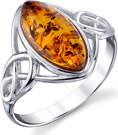 Sterling Silver Baltic Amber Celtic Design Ring with Cognac Color Marquise Shape Center Sizes 5 to 9